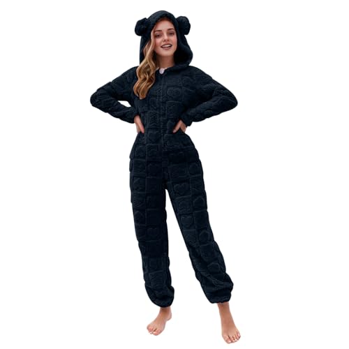 Damen Jumpsuit Teddy Fleece Schlafanzug Lang Elegant Plüsch Overall Bequemer Einfarbig Einteiler Onesie Flauschig Kuschelig Hausanzug mit Kapuze Schlafoverall Lustig Langarm Latzhose von EMATOP