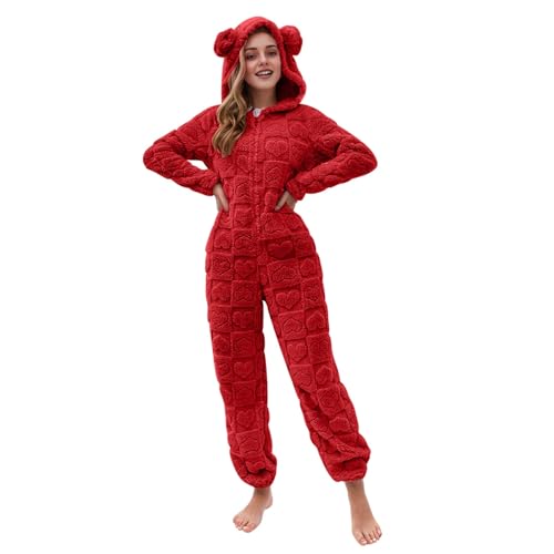 EMATOP Damen Jumpsuit Teddy Fleece Schlafanzug Lang Elegant Plüsch Overall Bequemer Einfarbig Einteiler Onesie Flauschig Kuschelig Hausanzug mit Kapuze Schlafoverall Lustig Langarm Latzhose von EMATOP