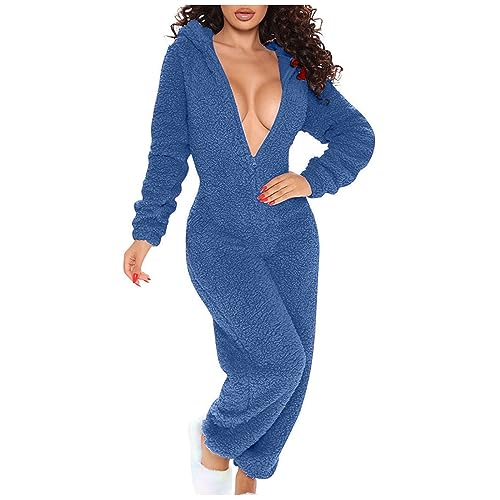 EMATOP Damen Jumpsuit Winter Warm Schlafanzug Teddy Fleece Overall Plüsch Kuschelig Einteiler Onesie Casual Einfarbig Ganzkörperanzug mit Kapuze Hausanzug Flauschig Sexy Pyjama Schlafoverall von EMATOP