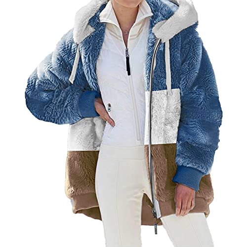 EMATOP Damen Kapuzenjacke Teddy Fleece Plüschjacke Farbblock Winterjacke Warm Mantel Casuale Zip Hoodie Cardigan Outwear Plüsch Verdickt Jacke Elegant Softshelljacke Große Größe Fleecejacke von EMATOP