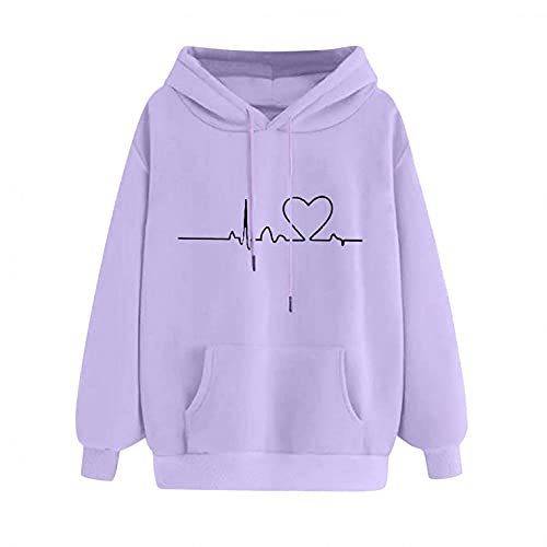 Damen Kapuzenpullover Kawaii Hoodie Pullover Frauen Langarm Oberteile mit Kapuze Pulli Herbst Winter Casual Bluse Tops Liebesdruck Sweater Cute Einfarbig Langarmshirt mit Tasche Outwear von EMATOP