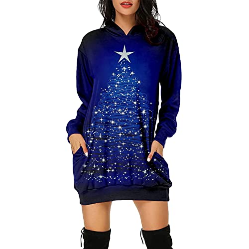 EMATOP Damen Kapuzenpullover Lang Elegant Sweatkleid mit Kapuze Weihnachtskleid Casual Lose Pulloverkleid Warm Langarm Weihnachten Kleider Elch Druck Weihnachtspullover für Herbst Winter von EMATOP