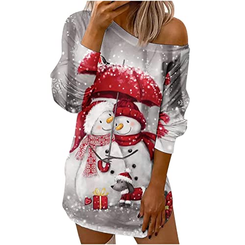 EMATOP Damen Kleid Weihnachtskleid Schulterfreies Minikleid Freizeitkeid Partykleid Sexy Mode Shortkleid Blusenkleid Schneemann Druck Winterkleid Lässig Lose Sweatshirt Elegant Pullover Kleider von EMATOP