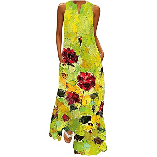 EMATOP Damen Kleider Boho Sommerkleid Sexy ärmellos Maxikleider Elegant V-Ausschnitt Strandkleid Lang Locker Freizeitkleider Bunte Blumen Druck Shirtkleid Vintage Mode Blumenkleid für Frauen von EMATOP