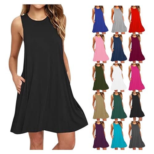 EMATOP Damen Kleider Elegant Kurzer Shirtkleid Ärmellos Lässiges Sommerkleid Knielang Minikleid Baumwolle Einfarbig Strandkleid Bequem Leicht Freizeitkleid mit Taschen T-Shirt A Linie Kleid von EMATOP
