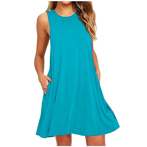 EMATOP Damen Kleider Elegant Kurzer Shirtkleid Ärmellos Lässiges Sommerkleid Knielang Minikleid Baumwolle Einfarbig Strandkleid Bequem Leicht Freizeitkleid mit Taschen T-Shirt A Linie Kleid von EMATOP