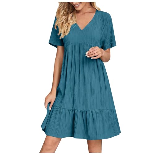 EMATOP Damen Kleider Elegant Leicht Sommerkleid Knielang Minikleid Casual Kurzarm Strandkleid V-Ausschnitt Sexy Freizeitkleider Bequemes Einfarbig Tunika Kleid Hohe Taille Plissiert Blusenkleid von EMATOP