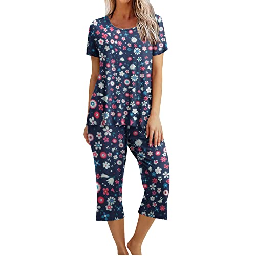 EMATOP Damen Kurz Pyjama Set Lässiges Kurzarm Top mit 3/4 Lang Schlafhose Zweiteiliger Schlafanzug Tie Dye Nachtwäsche Lose Baumwolle Tshirt und Pyjamahose Hausanzug Elegant Freizeitanzug Outfit von EMATOP