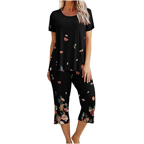 EMATOP Damen Kurzarm Pyjama Set Sommer Baumwolle Schlafanzug 3/4 Lang Hose und Oberteile Tops Nachtwäsche Zweiteiliger Weich Hausanzug Vintage Neuheit Drucke Jogginganzug Elegant Freizeitanzug von EMATOP