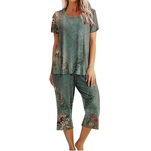 EMATOP Damen Kurzarm Pyjama Set Sommer Baumwolle Schlafanzug 3/4 Lang Hose und Oberteile Tops Nachtwäsche Zweiteiliger Weich Hausanzug Vintage Neuheit Jogginganzug Prime Angebote von EMATOP