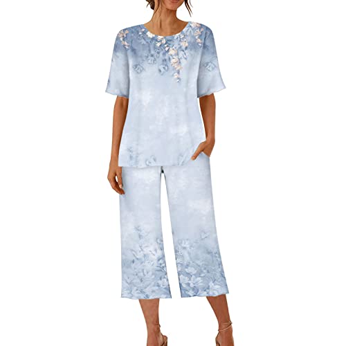 EMATOP Damen Kurzarm Pyjama Set Sommer Baumwolle Schlafanzug 3/4 Lang Hose und Oberteile Tops Nachtwäsche Zweiteiliger Weich Hausanzug Vintage Neuheit Drucke Jogginganzug Elegant Freizeitanzug von EMATOP