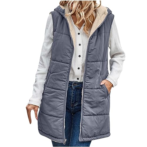 EMATOP Damen Lang Daunenweste Ärmellose Warmer Winterjacke Casual Einfarbig Jacke mit Kapuze Steppweste Lang Elegant Daunenmantel Fleece Gefüttert Longweste mit Taschen Weste Winter Steppjacke von EMATOP