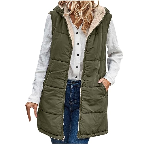 EMATOP Damen Lang Daunenweste Ärmellose Warmer Winterjacke Casual Einfarbig Jacke mit Kapuze Steppweste Lang Elegant Daunenmantel Fleece Gefüttert Longweste mit Taschen Weste Winter Steppjacke von EMATOP