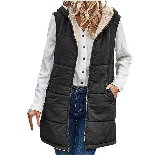 EMATOP Damen Lang Daunenweste Ärmellose Warmer Winterjacke Casual Einfarbig Jacke mit Kapuze Steppweste Lang Elegant Daunenmantel Fleece Gefüttert Longweste mit Taschen Weste Winter Steppjacke von EMATOP