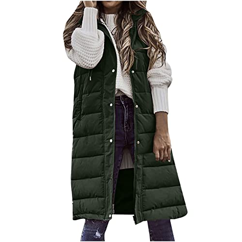 EMATOP Damen Lang Daunenweste Warm Baumwolle Weste Jacke mit Kapuze Steppweste Leichte Elegant Steppjacke Herbst Winter Ärmellose Longweste Winddicht Einfarbige Daunenjacke Wintermantel von EMATOP