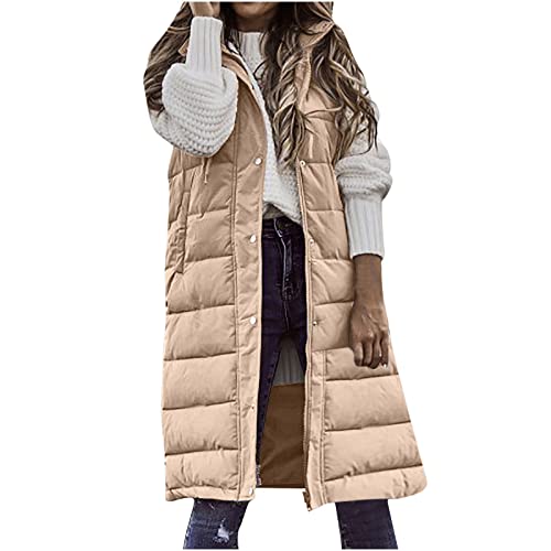 EMATOP Damen Lang Daunenweste Warm Baumwolle Weste Jacke mit Kapuze Steppweste Leichte Elegant Steppjacke Herbst Winter Ärmellose Longweste Winddicht Einfarbige Daunenjacke Wintermantel von EMATOP