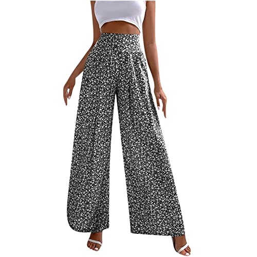 EMATOP Damen Lang Sommerhose High Waist Elegant Stoffhose Leicht Weites Bein Hosen Vintage Blumen Bedruckte Sporthose mit Taschen Freizeithose Boho Strandhose Baumwolle Lose Lounge Pants von EMATOP