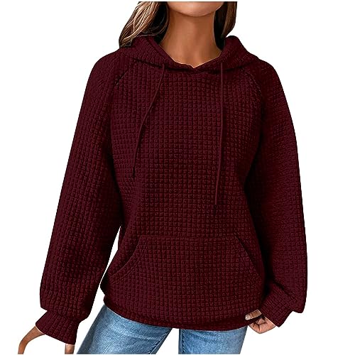 EMATOP Damen Langarm Hoodie Pullover Waffel Baumwolle Sweatshirt mit Kapuze Sport Kapuzenpullover Casual Einfarbig Langarmshirt Herbst Winter Warm Kapuzenpulli Oberteile Vintage Mantel Outwear von EMATOP