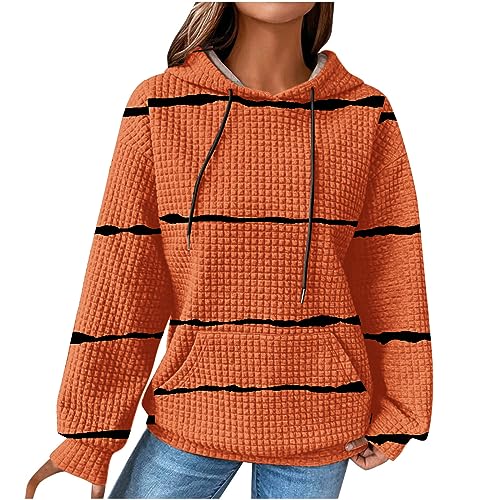 EMATOP Damen Langarm Kapuzenpullover Baumwolle Waffel Sweatshirt mit Kapuze Pulli Oberteil Shirts Streifen Pullover Herbst Winter Sport Hoodie Casual Lose Langarmshirt Kuschelig Kapuzenpulli von EMATOP