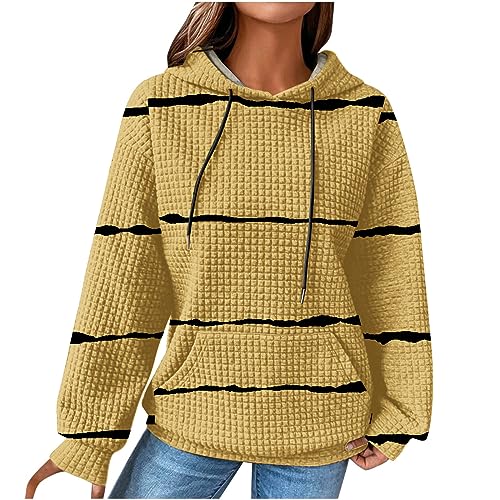 EMATOP Damen Langarm Kapuzenpullover Baumwolle Waffel Sweatshirt mit Kapuze Pulli Oberteil Shirts Streifen Pullover Herbst Winter Sport Hoodie Casual Lose Langarmshirt Kuschelig Kapuzenpulli von EMATOP