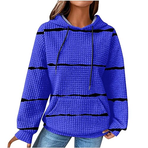 EMATOP Damen Langarm Kapuzenpullover Baumwolle Waffel Sweatshirt mit Kapuze Pulli Oberteil Shirts Streifen Pullover Herbst Winter Sport Hoodie Casual Lose Langarmshirt Kuschelig Kapuzenpulli von EMATOP