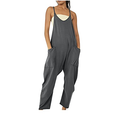 EMATOP Damen Latzhose Locker Jumpsuit Casual Ärmellos Riemchen Overalls Sommer Knopf Weit Bein Pants Oversized Baggy Trägerhose Playsuits Romper mit Große Tasche Strampler Freizeithose von EMATOP