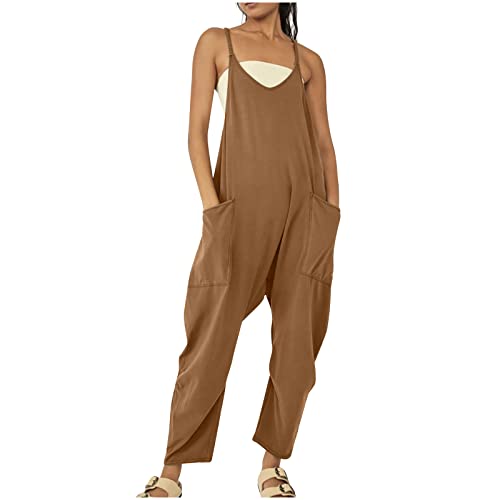 EMATOP Damen Latzhose Sommer Ärmellose Overalls Baumwolle Leinen Freizeithose Casual Einfarbig Jumpsuit Langes Weites Bein Hose mit Taschen Playsuit Loose Trägerhose Arbeitshose Oversize von EMATOP