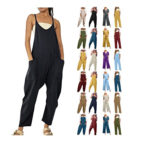 EMATOP Damen Latzhose Sommer Ärmellose Overalls Baumwolle Leinen Freizeithose Casual Einfarbig Jumpsuit Langes Weites Bein Hose mit Taschen Playsuit Loose Trägerhose Arbeitshose Oversize von EMATOP