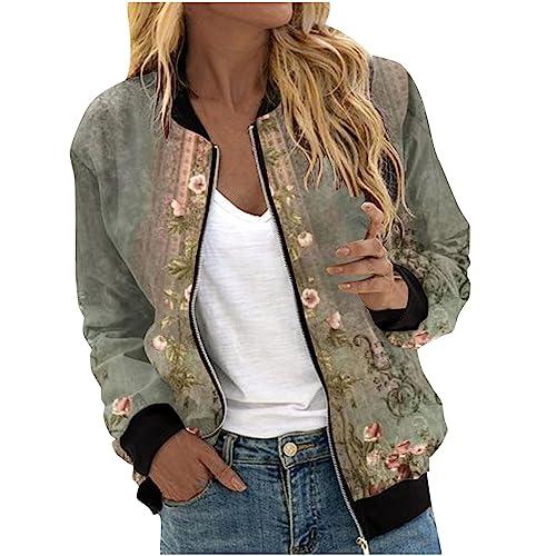 EMATOP Damen Leichte Bomberjacke Elegant Langarm College Jacke Casual Lose Sportjacke Kurz Baumwolle Übergangsjacke Blumenmuster Freizeitjacke mit Taschen Herbstjacke Reißverschluss Sweatjacke von EMATOP