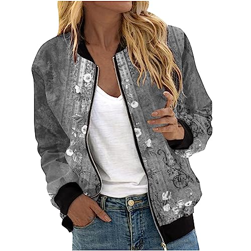 EMATOP Damen Leichte Bomberjacke Elegant Langarm College Jacke Casual Lose Sportjacke Kurz Baumwolle Übergangsjacke Blumenmuster Freizeitjacke mit Taschen Herbstjacke Reißverschluss Sweatjacke von EMATOP