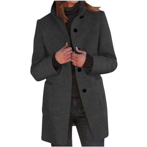 EMATOP Damen Mantel Lang Elegante Wollmantel Winter Warm Trenchcoat Langarm Stehkragen Winterjacke Baumwolle Einfarbig Parka Jacke mit Taschen Wintermantel Vintage Fleecejacke Outdoor von EMATOP