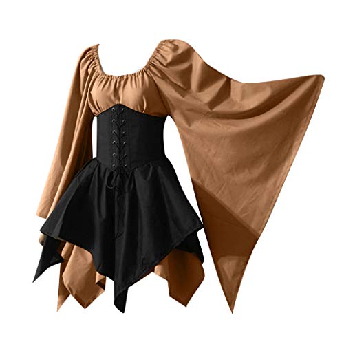 EMATOP Damen Mittelalterliche Kleid Party Langarm Abendkleid mit Trompetenärmel Gothic Kleider Knielang Ballkleider Retro Halloween Cosplay Kleidung Minikleid Viktorianischen Königin Kostüm von EMATOP