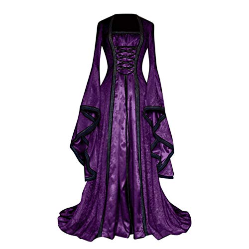 EMATOP Damen Mittelalterliche Kleid mit Trompetenärmel Gothic Kleider Retro Halloween Party Cosplay Kostüm Maxikleid Elegant Mittelalter Langarm Schnürung Ballkleid Einfarbig Halloween Kostüm von EMATOP