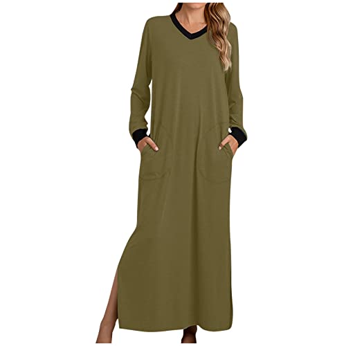 EMATOP Damen Nachthemd Langarm V-Ausschnitt Maxikleid Lässiges Einfarbig Schlafshirt Loose fit Lange Nachtkleid mit Taschen Nachtwäsche Kleider mit Schlitz Baumwolle Schlafkleid Nightdress von EMATOP