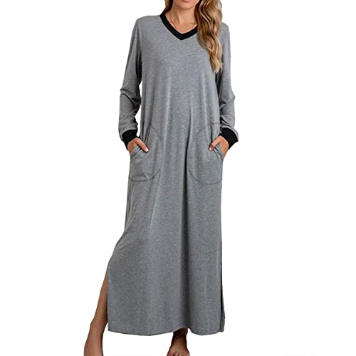 EMATOP Damen Nachthemd Langarm V-Ausschnitt Maxikleid Lässiges Einfarbig Schlafshirt Loose fit Lange Nachtkleid mit Taschen Nachtwäsche Kleider mit Schlitz Baumwolle Schlafkleid Nightdress von EMATOP