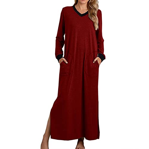 EMATOP Damen Nachthemd Langarm V-Ausschnitt Maxikleid Lässiges Einfarbig Schlafshirt Loose fit Lange Nachtkleid mit Taschen Nachtwäsche Kleider mit Schlitz Baumwolle Schlafkleid Nightdress von EMATOP