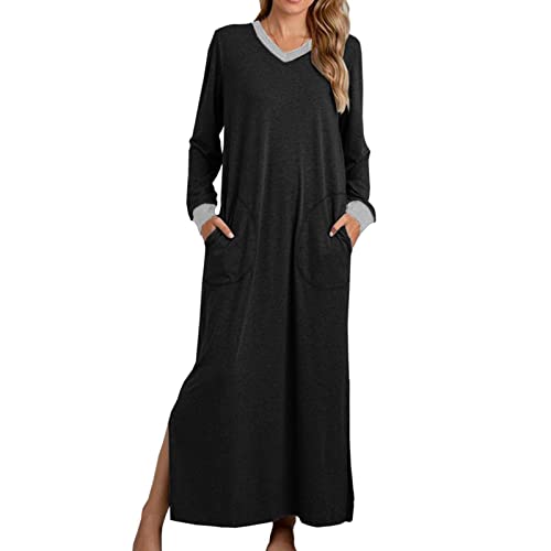 EMATOP Damen Nachthemd Langarm V-Ausschnitt Maxikleid Lässiges Einfarbig Schlafshirt Loose fit Lange Nachtkleid mit Taschen Nachtwäsche Kleider mit Schlitz Baumwolle Schlafkleid Nightdress von EMATOP