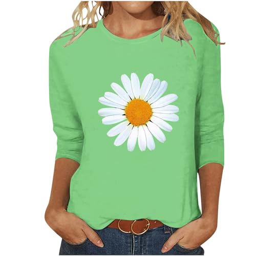 Damen Oberteile Sommer Lässige Shirt 3/4 Arm Bluse Elegant Baumwolle Tunika Tshirt Basic Rundhals Sommershirts Casual Leicht Sportshirt Blumen Muster Kurzarm Longshirt Warehouse Deals Angebote von EMATOP