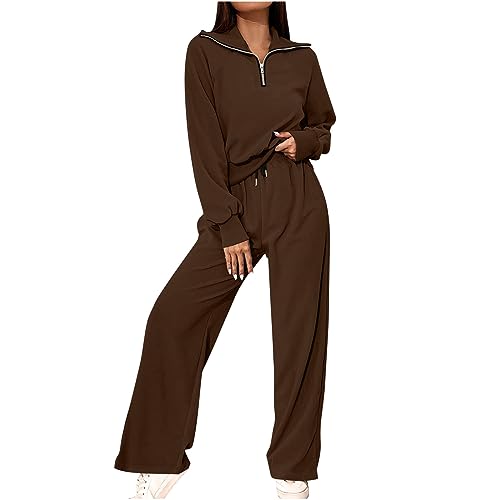 EMATOP Damen Outfit Winter Warm Sportanzug 2 Teiler Langarm Sweatshirt und Sweathose Trainingsanzug Set Revers Reißverschluss Sweatjacke Lange Hose Freizeitanzug Elegant Einfarbig Hosenanzug von EMATOP