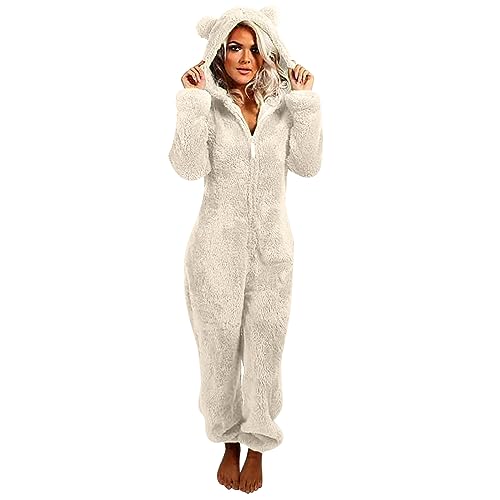 EMATOP Damen Overall Kuschelig Flauschig Einteiler Onesie Warm Plüsch Jumpsuit Teddy Fleece Schlafanzug Einfarbig Lange Pyjama Winter Weich Hausanzug mit Kapuze Reißverschluss Schlafoverall von EMATOP
