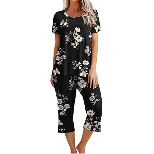 EMATOP Damen Schlafanzug Baumwolle Lässiges Nachtwäsche Sommer Kurz Pyjama Set Kurzarm Shirt mit 3/4 Lange Capri Hose Hausanzug Schön Blumen Druck Sleepshirt und Sommerhose Vintage Freizeitanzug von EMATOP