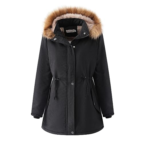 EMATOP Damen Skijacke Warm Fleecejacke Lang Winterjacke Winddicht Wasserdicht Softshelljacke mit Abnehmbarer Kapuze Wintermantel Flauschig Gefüttert Parka Jacke Winter Einfarbig Steppjacke von EMATOP