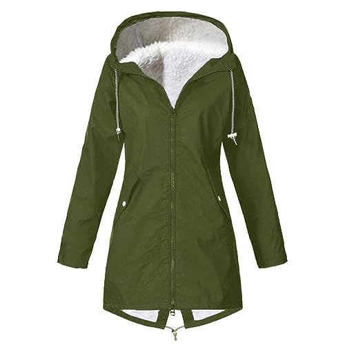 EMATOP Damen Softshell Lange Jacke Warm Gefüttert Regenjacke Wasserdichte Atmungsaktiv Regenmantel Langarm Teddy-Fleece Windbreaker mit Kapuze Wanderjacke Einfarbig Elegant Outdoorjacke von EMATOP