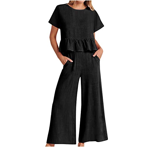 EMATOP Damen Sommer 2-Teiliges Rundhals Ärmellos Top Solid Wide Leg Hosen Set Lose Casual Hausanzug Zweiteiler Hosenanzug von EMATOP