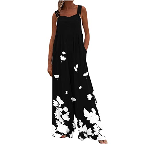 EMATOP Damen Sommer Ärmellos Jumpsuit Lang Elegant Playsuits Casual Baggy Latzhose Vintage Locker Hosenanzug Baumwolle Weites Bein Hosen mit Taschen Sommerhose Blumen Muster Arbeitshose von EMATOP