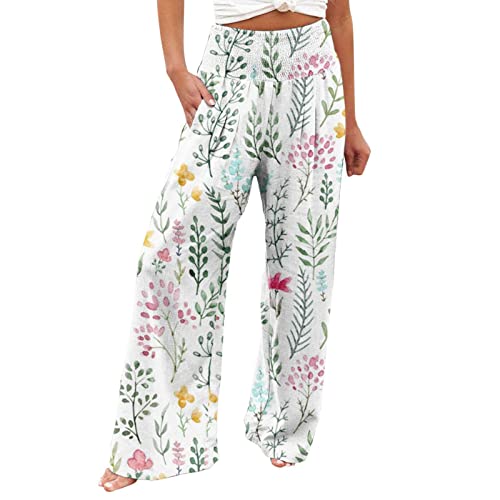 EMATOP Damen Sommer Baumwolle Leinen Hose Leicht Lang Sommerhose mit Taschen Leinenhose Bunte Blumen Druck Strandhose Elegant Weites Bein Freizeithose Lässige Baggy Relaxhose Outdoor Stoffhose von EMATOP