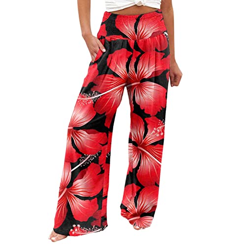 EMATOP Damen Sommer Baumwolle Leinen Hose Leicht Lang Sommerhose mit Taschen Leinenhose Bunte Blumen Druck Strandhose Elegant Weites Bein Freizeithose Lässige Baggy Relaxhose Outdoor Stoffhose von EMATOP