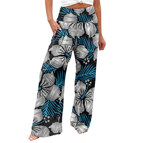 EMATOP Damen Sommer Baumwolle Leinen Hose Leicht Lang Sommerhose mit Taschen Leinenhose Bunte Blumen Druck Strandhose Elegant Weites Bein Freizeithose Lässige Baggy Relaxhose Outdoor Stoffhose von EMATOP