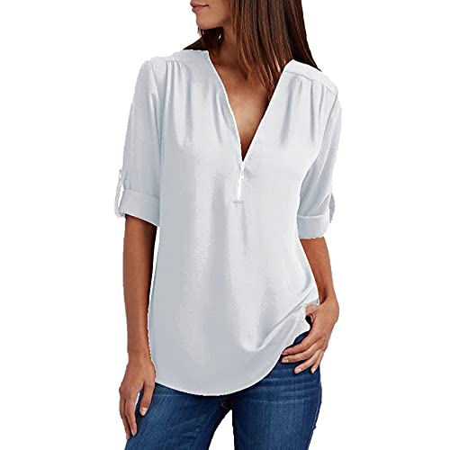 EMATOP Damen Sommer Bluse Tshirt Casual Lose Tunika Tops Elegant Chiffon Longshirt Vintage V-Ausschnitt Oberteile mit Reißverschluss Sommershirt Einfarbig Mode Langarmshirt Leichte Streetwear von EMATOP