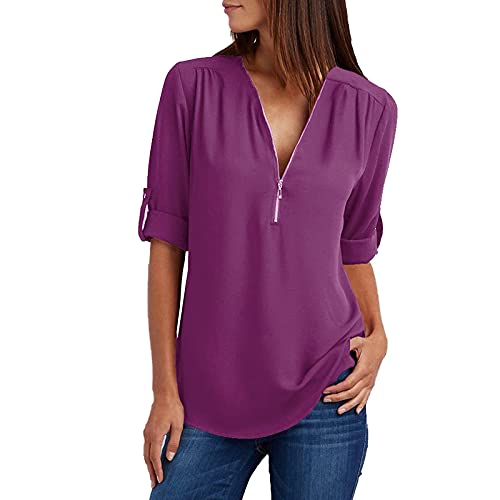 EMATOP Damen Sommer Bluse Tshirt Casual Lose Tunika Tops Elegant Chiffon Longshirt Vintage V-Ausschnitt Oberteile mit Reißverschluss Sommershirt Einfarbig Mode Langarmshirt Leichte Streetwear von EMATOP